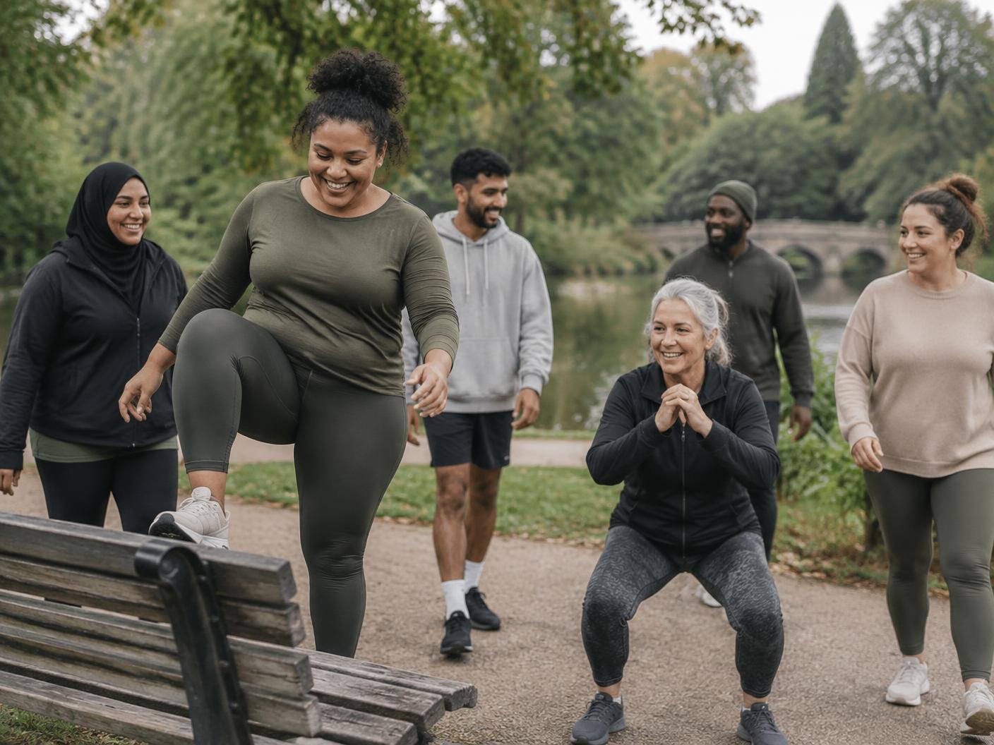 Adults of varied ages, backgrounds and body types enjoying adaptable movement in a park