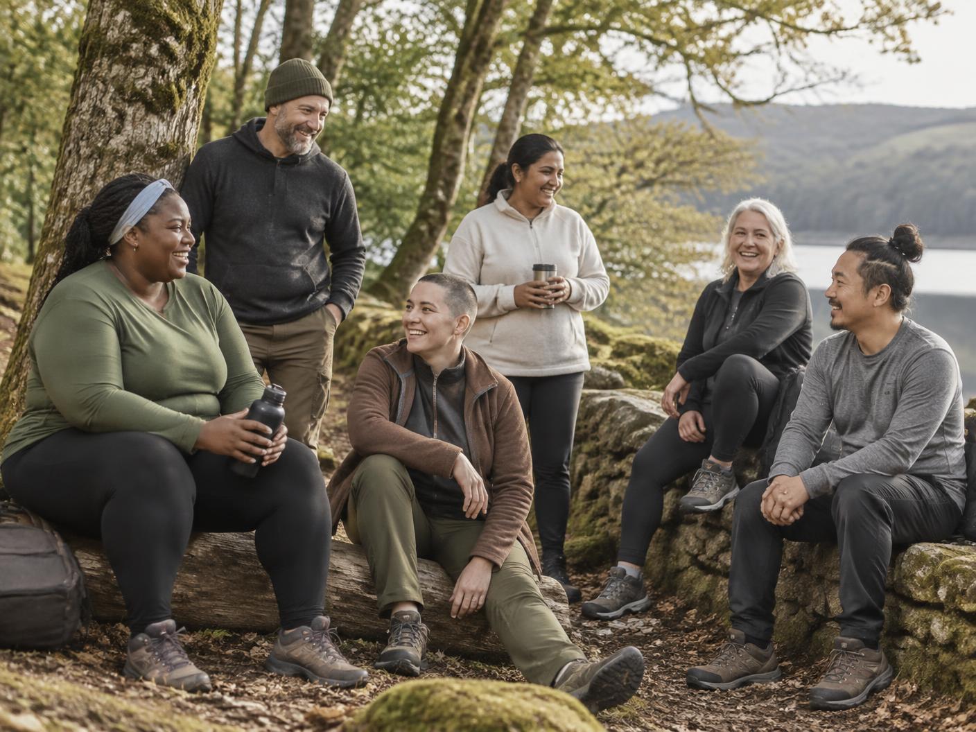 A relaxed, diverse group of adults spending time together after an outdoor movement session