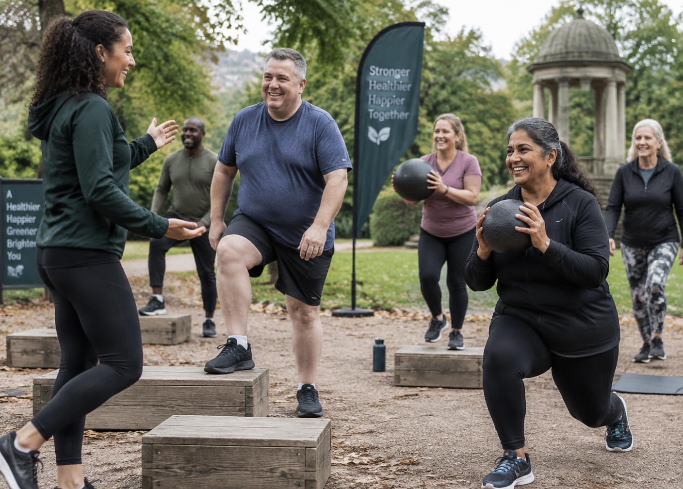 A mixed-ability group enjoying an outdoor fitness session
