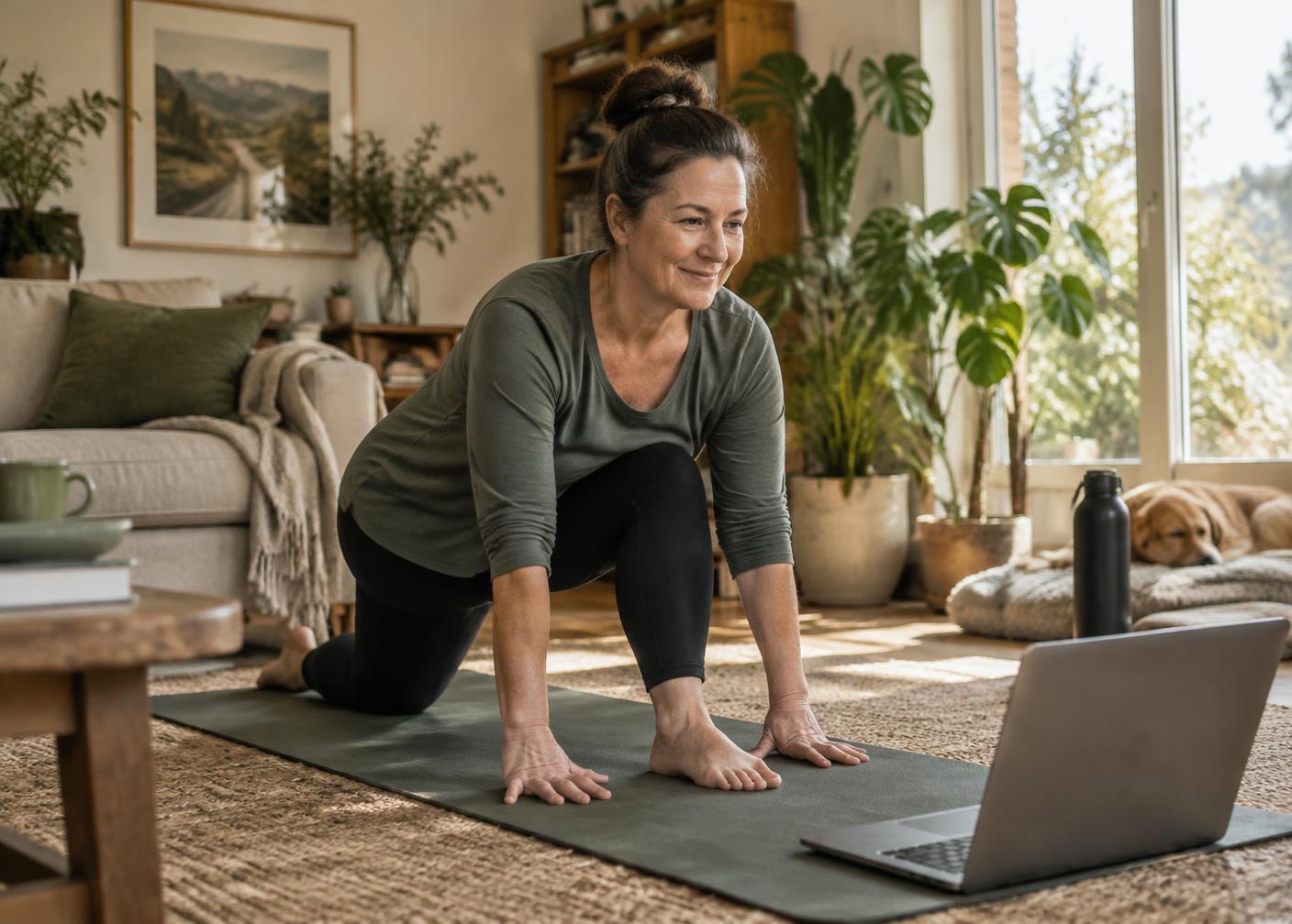 A woman enjoying an approachable online mobility session at home