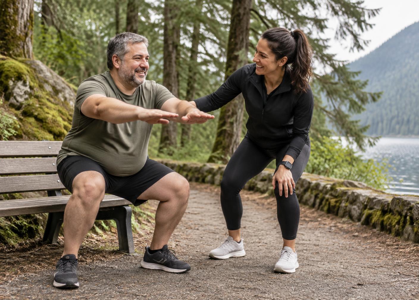 A coach supporting a beginner through an outdoor movement exercise